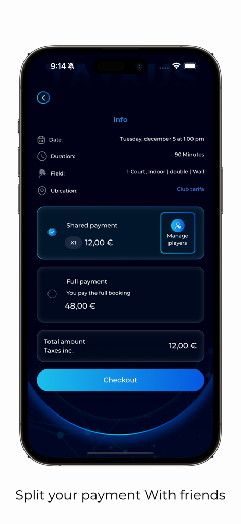 Taykus - Padel, tennis & more - Taykus app screen showing options to split payment with friends for a padel or tennis court booking