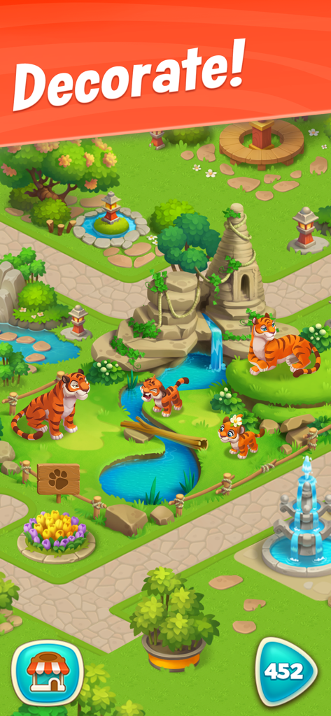 A colorful zoo enclosure in Wildscapes featuring tigers and a waterfall with a decorate text overlay