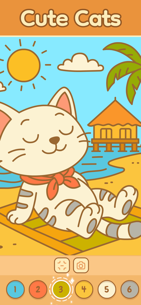 Eine niedliche weiße Katze sonnt sich an einem tropischen Strand in einer Malen-nach-Zahlen-Oberfläche.