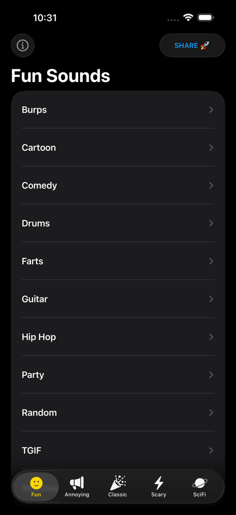 Sound Effects Boards Pro - Interface of Sound Effects Boards Pro app showing a list of fun sound categories like burps and comedy