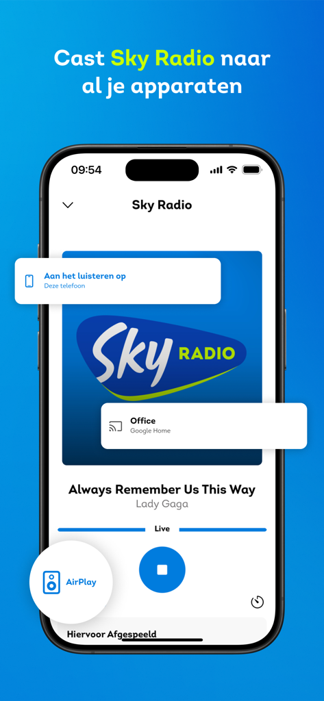 Sky Radio app showing casting options to multiple devices like AirPlay and Google Home