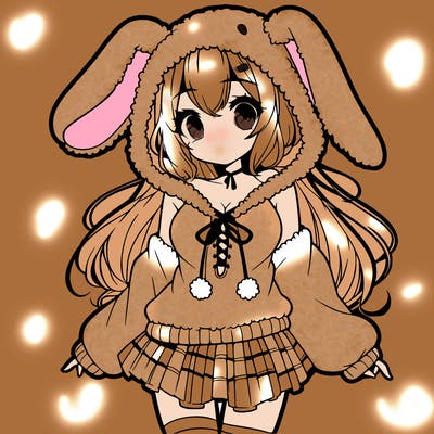 pretty anime girl wearing a fluffy hoodie with bunny ears on the hood and a skirt