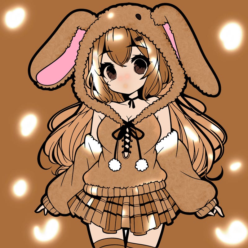 pretty anime girl wearing a fluffy hoodie with bunny ears on the hood and a skirt