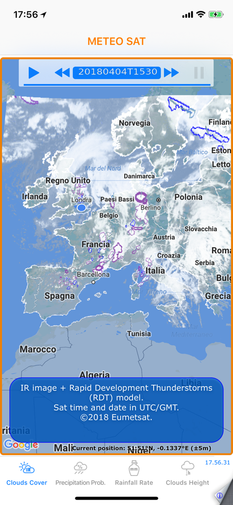 Meteo Sat - Meteo Sat app interface showing infrared cloud cover and thunderstorm models over a map of Europe.