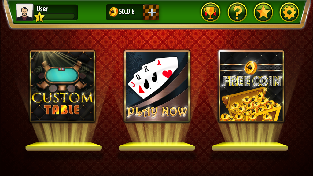 Bhabhi Offline card game main menu showing options for Custom Table, Play Now, and Free Coin.