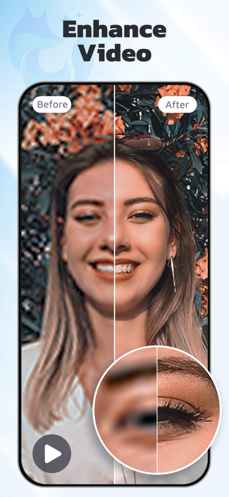 Before and after comparison showing AI video enhancement from blurry to clear portrait quality