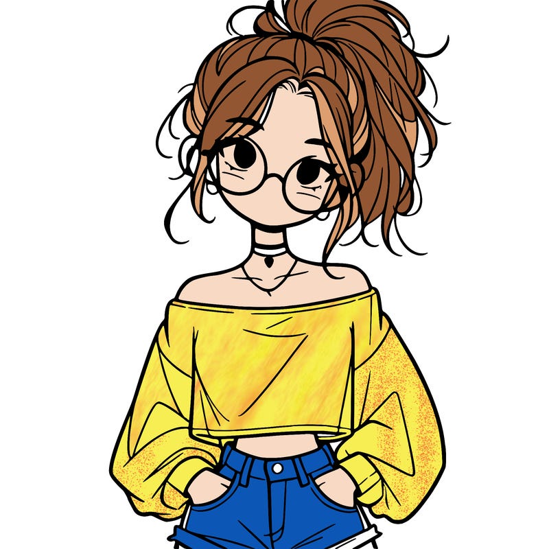 girl with a messy ponytail glasses a baggy crop top and jean shorts