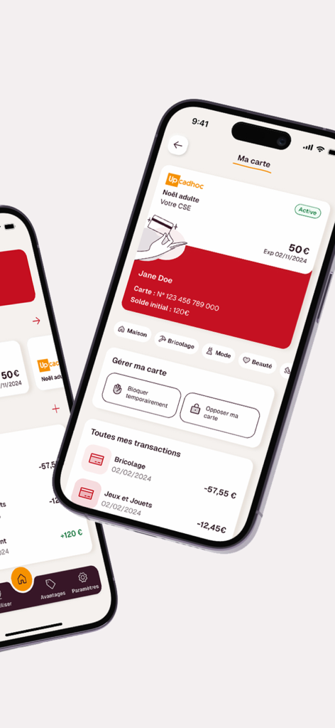 Screenshot of the UpCadhoc mobile app showing a digital card balance and recent transactions.