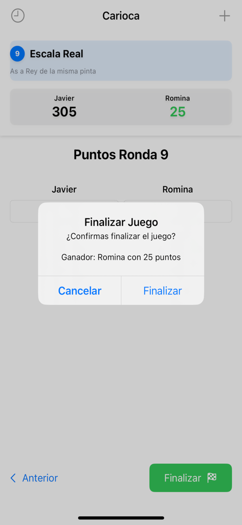 Carioca (Score) - Pantalla de la aplicación de puntuación Carioca que muestra la finalización del juego y la notificación del ganador
