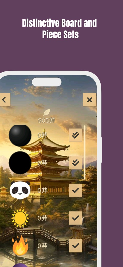A menu in the Gomoku app showing various piece icons like a panda sun and flame against a scenic temple background