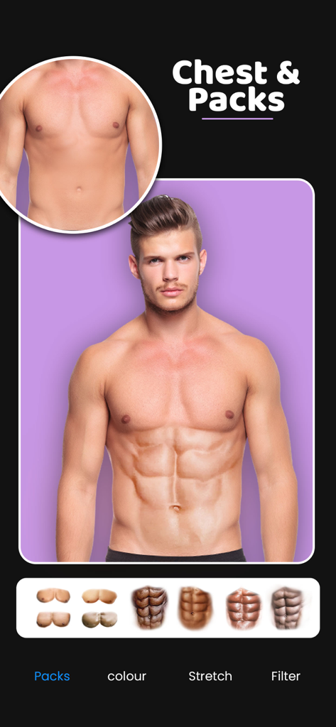 Man Hair Style Editor : Smarty - Screenshot of Smarty app showing chest and six pack abs photo editing tools
