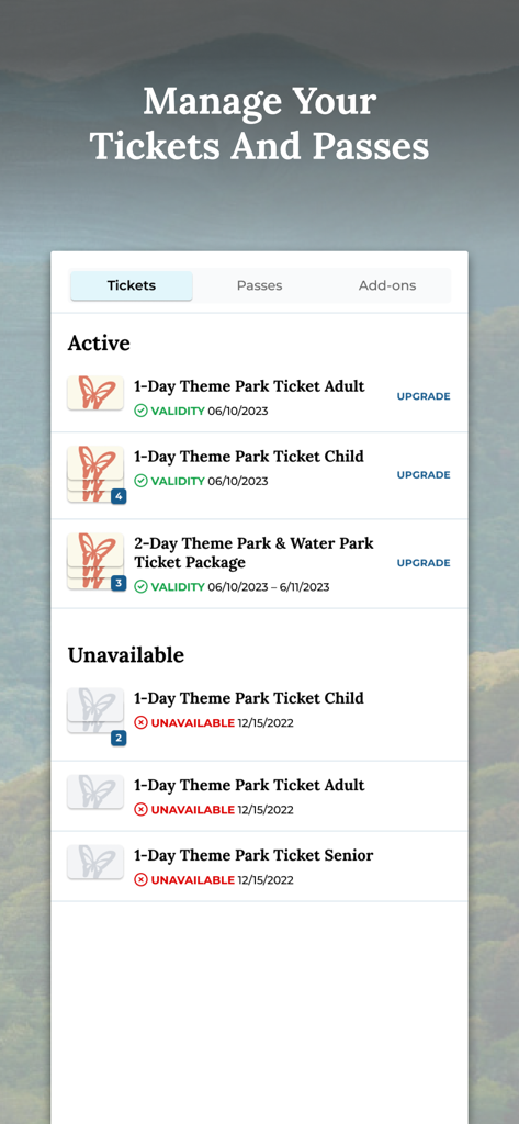 Interface of the Dollywood mobile app displaying active and unavailable theme park and water park tickets with their validity dates.
