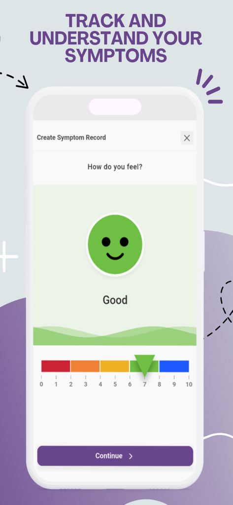 MedControl app interface showing a symptom record screen with a mood scale from zero to ten