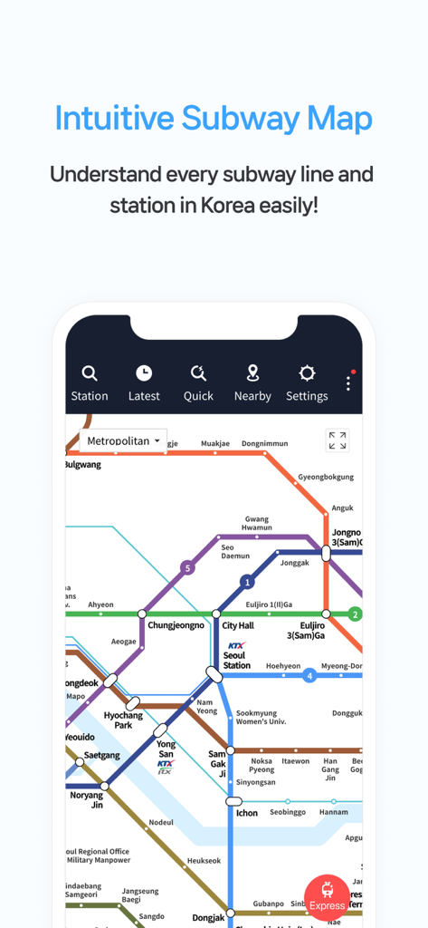 English language subway map interface of the Smarter Subway app for South Korea