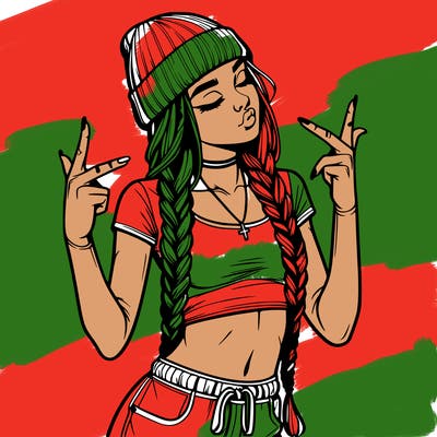 realistic teenage girl with braids and a beanie and crop top doing 🫶🏼