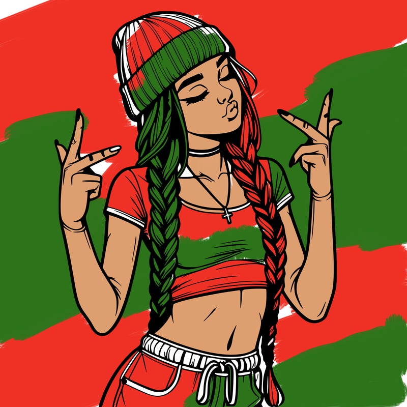 realistic teenage girl with braids and a beanie and crop top doing 🫶🏼