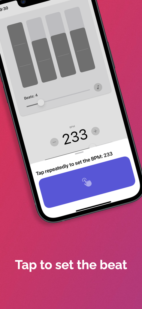 Easy Metronome - Mobile phone screen displaying the Easy Metronome tap tempo feature with a BPM of 233