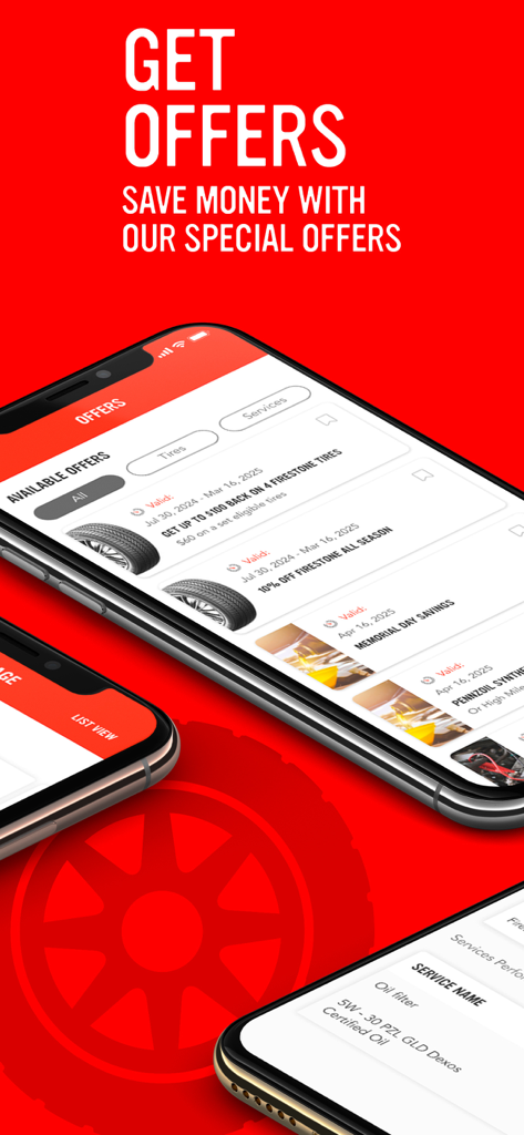 A smartphone screen displaying available special offers and tire coupons on the My Firestone app.