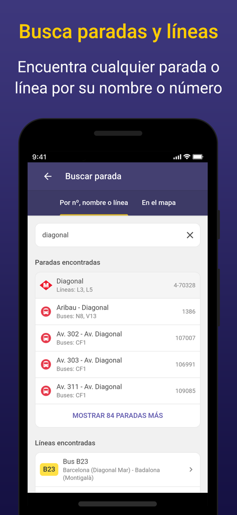 Barcelona Bus Metro Transporte - Interfaccia dell'app Barcellona Autobus Metro che mostra una ricerca di fermate e linee per nome o numero