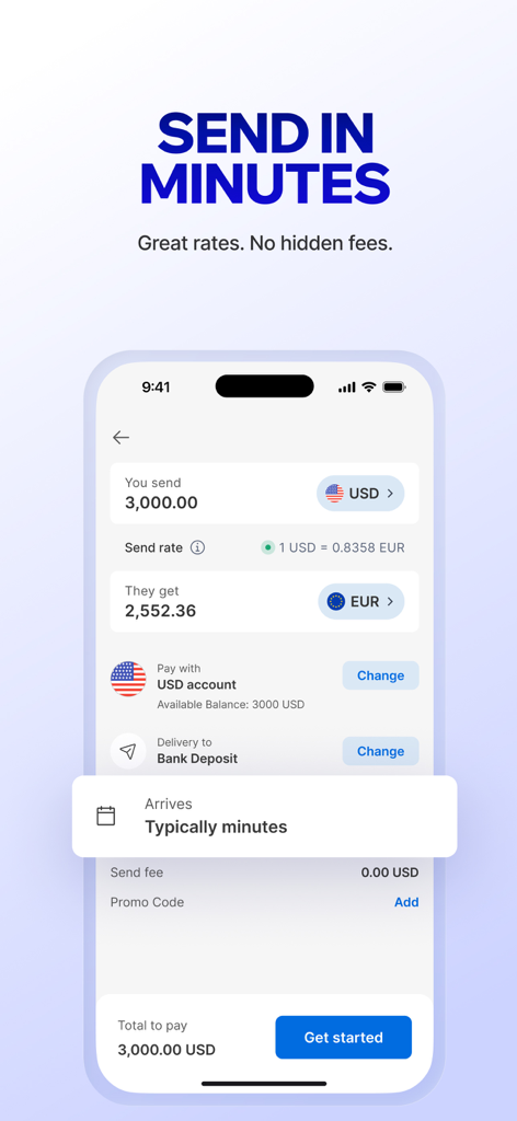 Xe Send Money & Currency - Captura de tela do aplicativo Xe mostrando um cálculo de transferência internacional de dinheiro de USD para EUR com zero taxas e tempo de entrega rápido