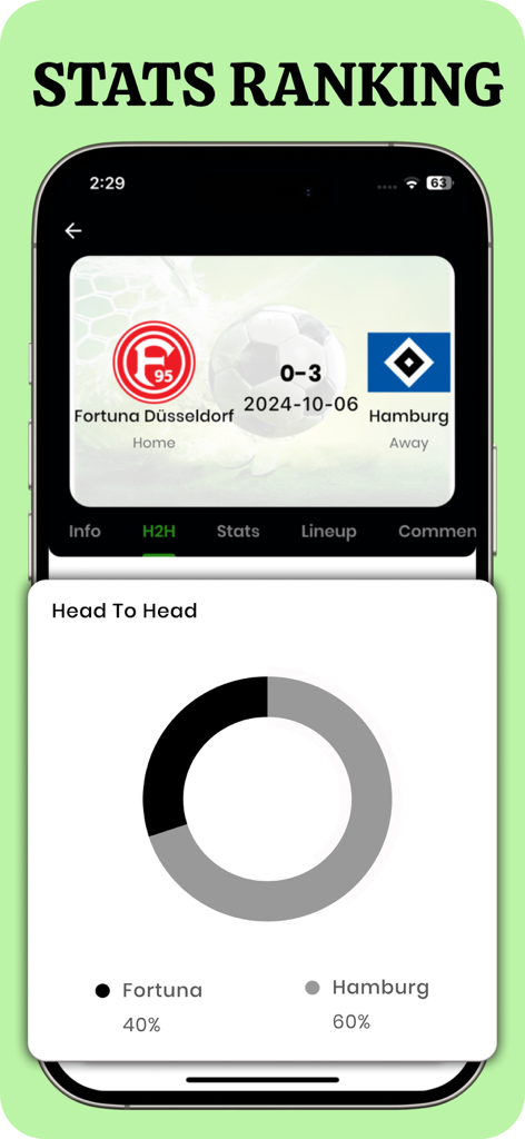 Kick Off - Football Live Match - Comparación de estadísticas cara a cara entre dos equipos de fútbol en la aplicación Kick Off