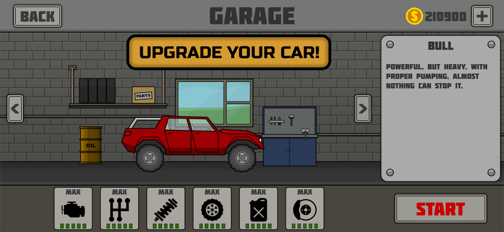 In-game garage screen showing a red off-road truck with maximum engine and suspension upgrades