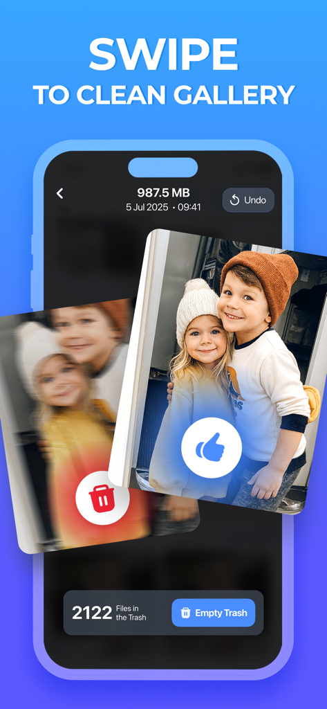 Mobile interface of iKit Cleaner showing a swipe to clean gallery feature with photo cards and an empty trash button
