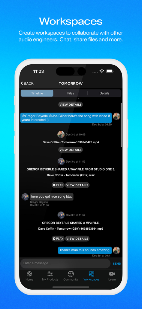 MyPreSonus - 共有オーディオファイルとプロデューサー間の共同メッセージを備えたチャットタイムラインを表示するMyPreSonusアプリワークスペースインターフェースのスナップショット