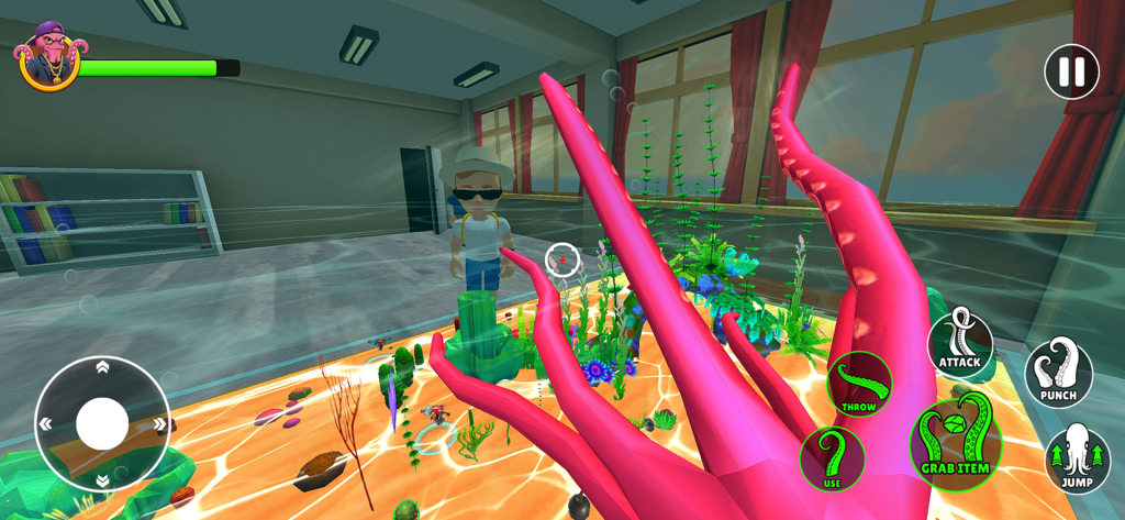 First person view of a pink octopus with long tentacles in a room with a human character and various action controls