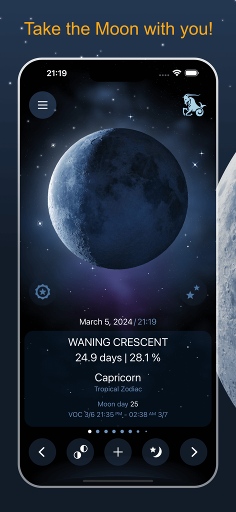 Deluxe Moon Pro • App & Widget - Deluxe Moon Pro app interface showing a waning crescent moon phase and Capricorn zodiac information.