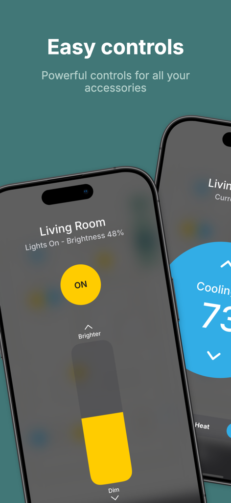 Zendo - Smart Home & Office - Interfaz de la aplicación Zendo que muestra controles de iluminación y clima del hogar inteligente en dos teléfonos móviles