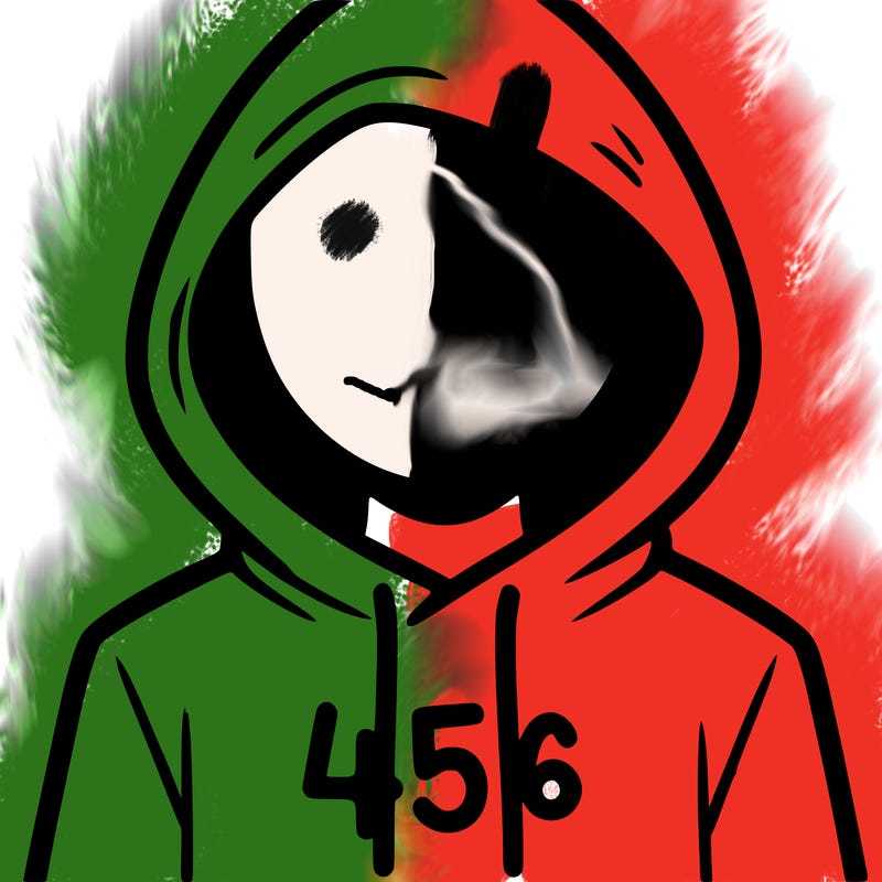 a person with non face waering a hoodie with a 456 symbol