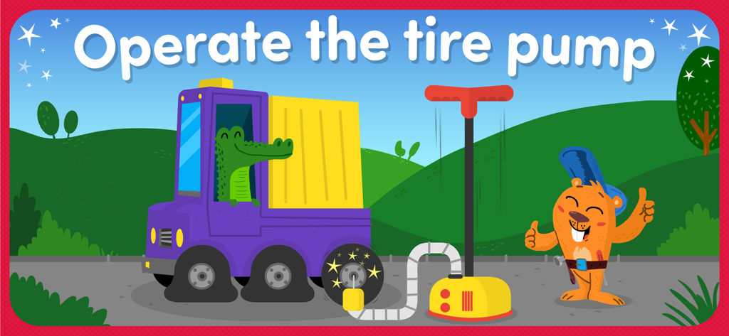 Animal Rescue: Kids games FULL - A cartoon crocodile in a purple truck using a tire pump in an educational kids game