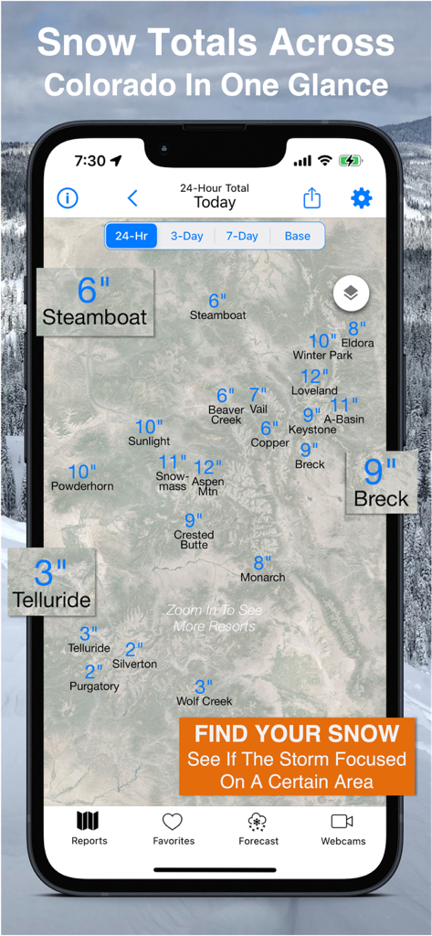 Colorado Snow Map & Webcams - Colorado snow map showing snowfall totals for multiple ski resorts