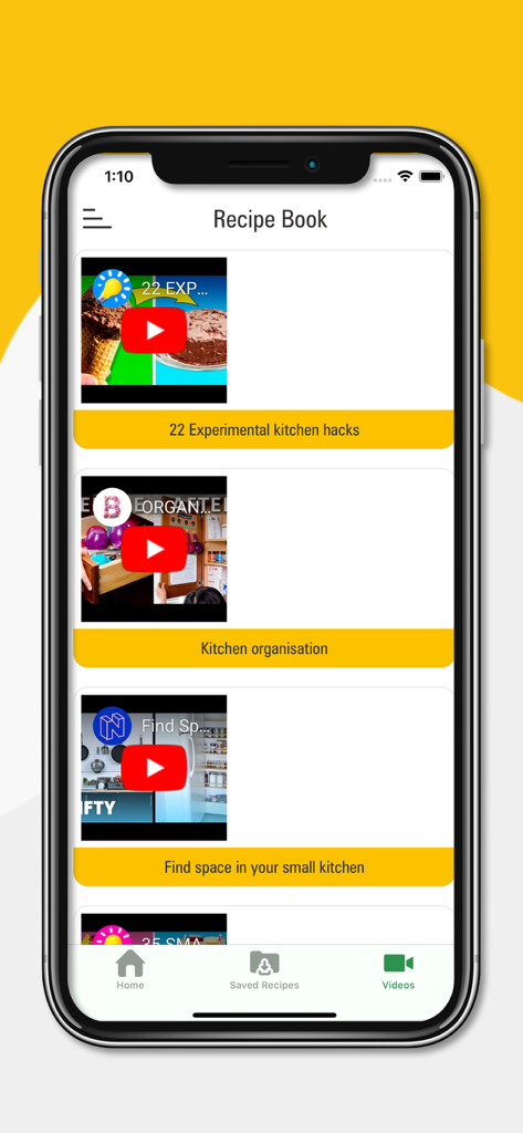 Easy Kitchen Recipes - Screenshot of the Easy Kitchen Recipes app showing the video section with kitchen hacks and organization tutorials.