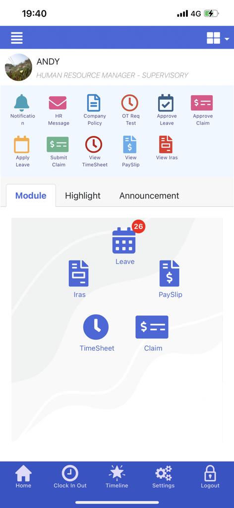 TIMES Mobile Pro - 휴가, 급여 명세서, 경비 청구 모듈을 표시하는 TIMES Mobile Pro 직원 셀프 서비스 앱 대시보드