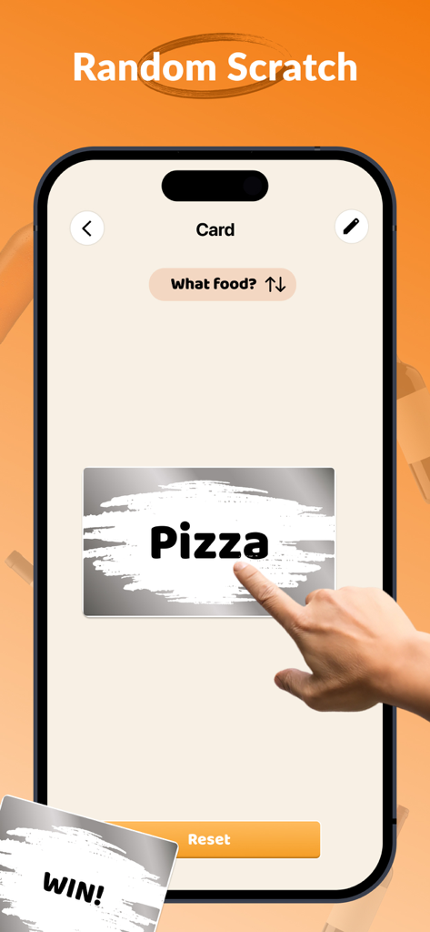 Lucky Tap: Touch, Spin, Decide - A hand scratching a digital card to reveal a pizza food decision in the Lucky Tap app.