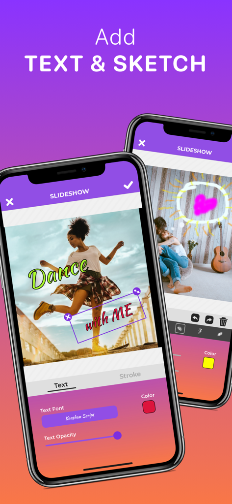 Quick Slideshow Maker + Music - Quick Slideshow Maker app interface for adding custom text and hand drawn sketches to photos