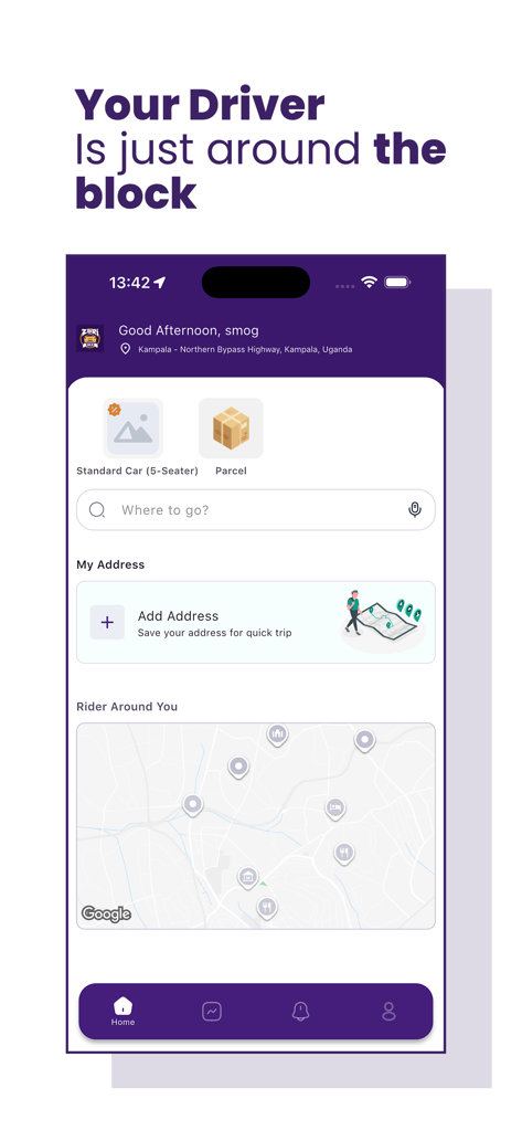 Zuri Ride mobile app home screen for booking rides and parcel deliveries with a live map