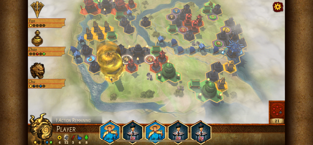 Digital board game interface of Yellow and Yangtze showing a hexagonal map with pagodas and player action tiles.