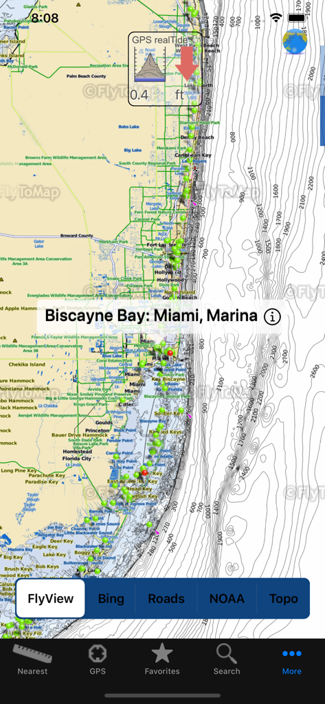 Real Tides & Currents Graph HD - Real Tides and Currents app interface showing Miami Biscayne Bay navigation map with tide data.