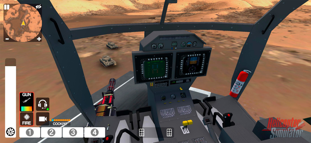 Helicopter Simulator 2026 - Interior view of a helicopter cockpit in Helicopter Simulator 2026 featuring a mounted machine gun and military tanks in a desert landscape