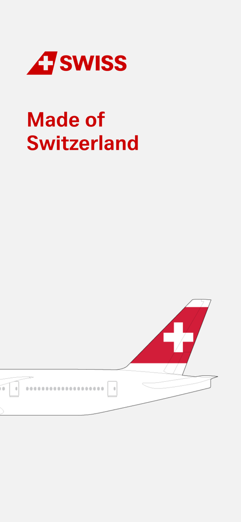 SWISS Fluglinien-App-Logo und Slogan Made of Switzerland mit Flugzeugschwanz-Grafik