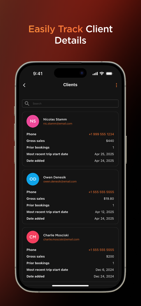 Mobile screen showing a list of clients with contact info and sales data for outdoor guides