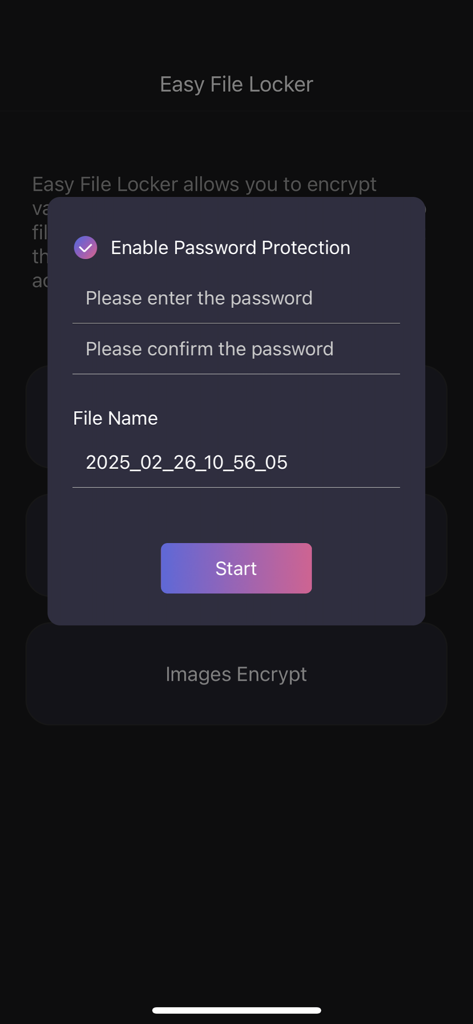 Easy File Locker - Easy File Lockerアプリでパスワードとファイル名を設定するためのインターフェース