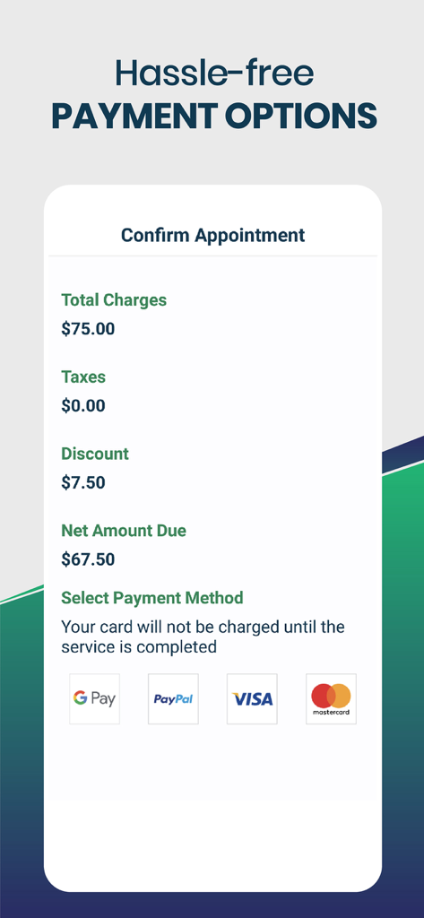 Pantalla de confirmación de cita de la aplicación UcarMobile que muestra los cargos totales y varias opciones de pago como Google Pay y PayPal
