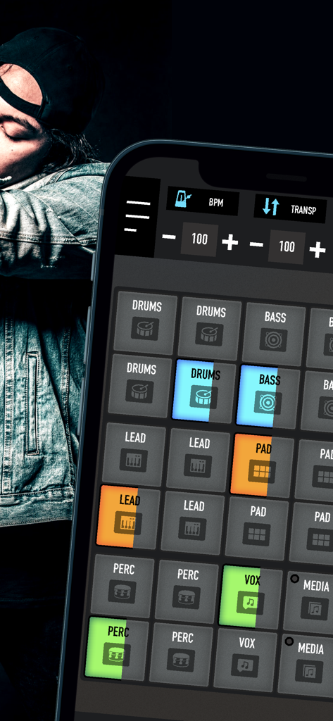 Interface of the Mixpads app featuring a grid of colorful drum pads for DJ mixing and music creation