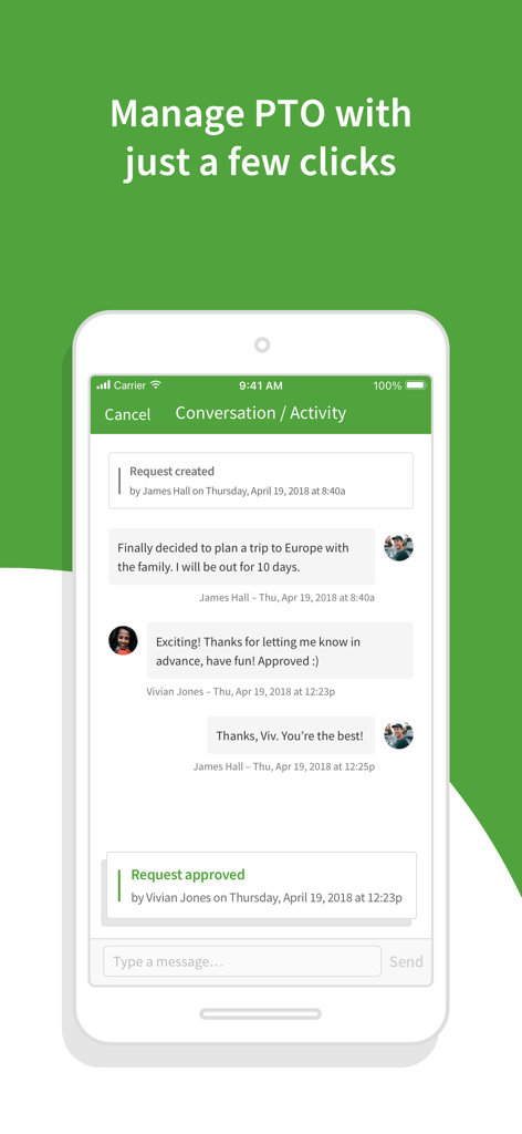 Screenshot dell'app When I Work che mostra una richiesta di ferie di un dipendente e l'approvazione del manager in una finestra di chat