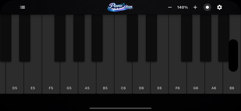 Piano 2026 – Learn piano fast - Un clavier de piano numérique avec des notes étiquetées dans l'interface de l'application Piano 2026