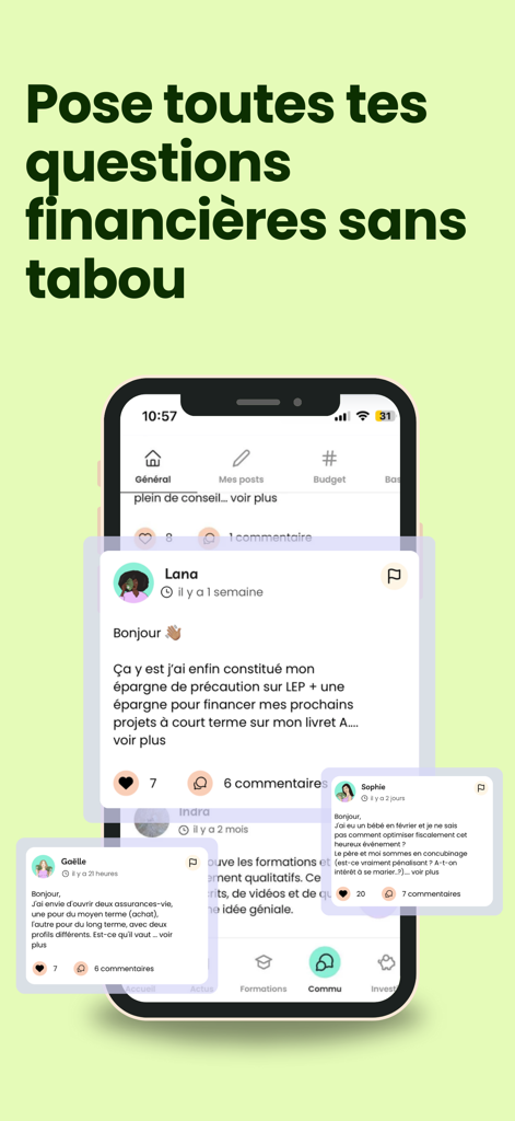 Plan Cash app community interface showing women discussing financial topics and asking questions